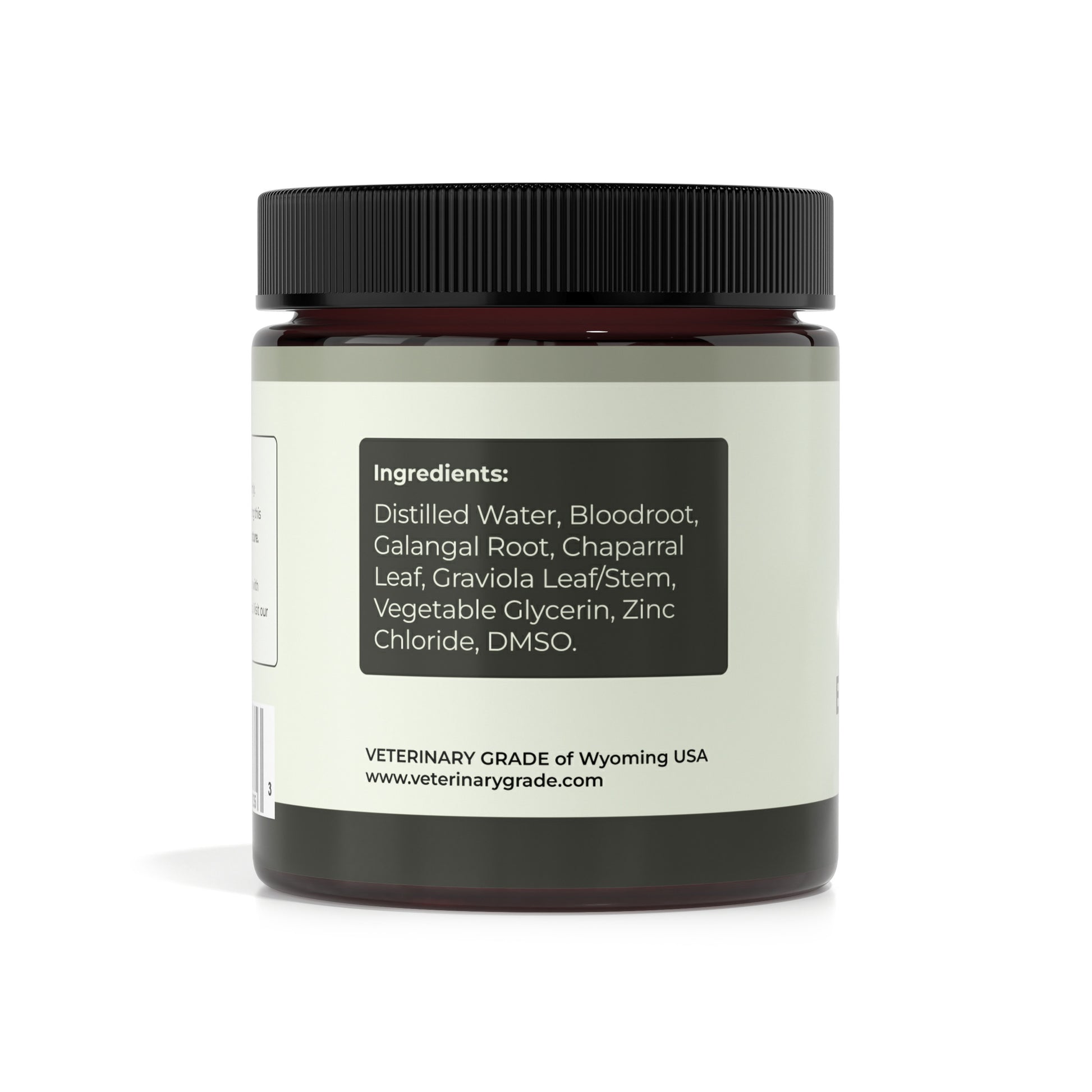 Ingredients label on Veterinary Grade Equine Root Paste listing bloodroot, galangal root and chaparral leaf