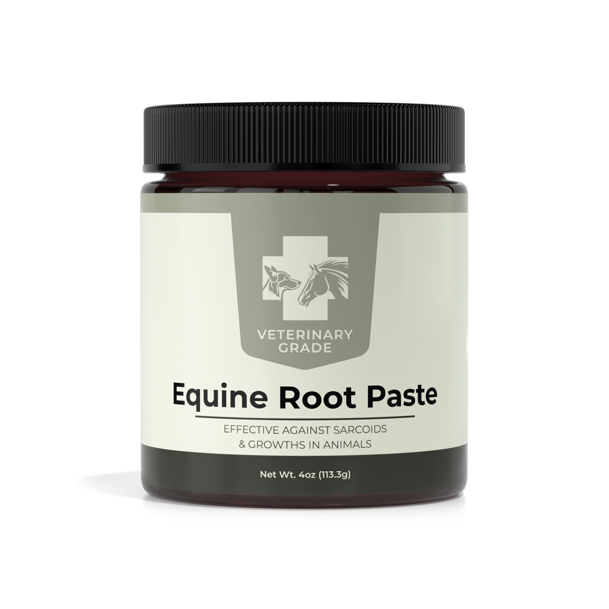 Veterinary Grade Bloodroot Paste 4oz jar with black lid and Equine Root Paste front label