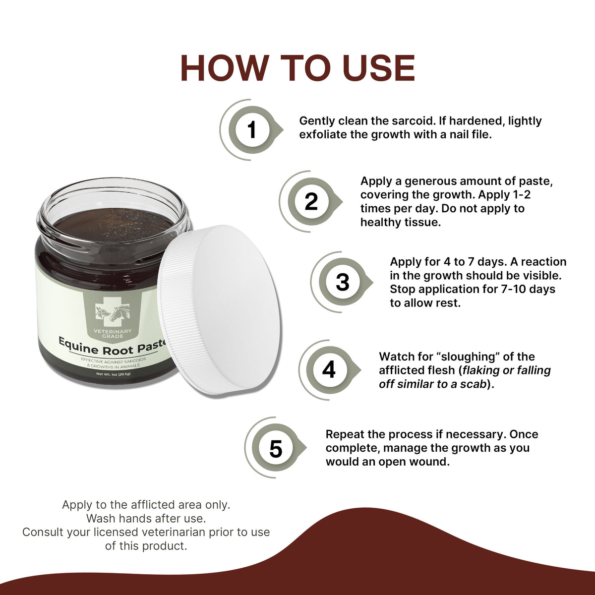 Five-step How To Use guide for Veterinary Grade Equine Root Paste, from cleaning the sarcoid through watching for sloughing