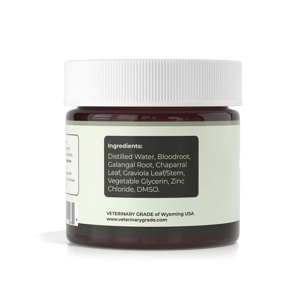 Veterinary Grade Bloodroot Paste jar showing the plant-based ingredient list on the back label