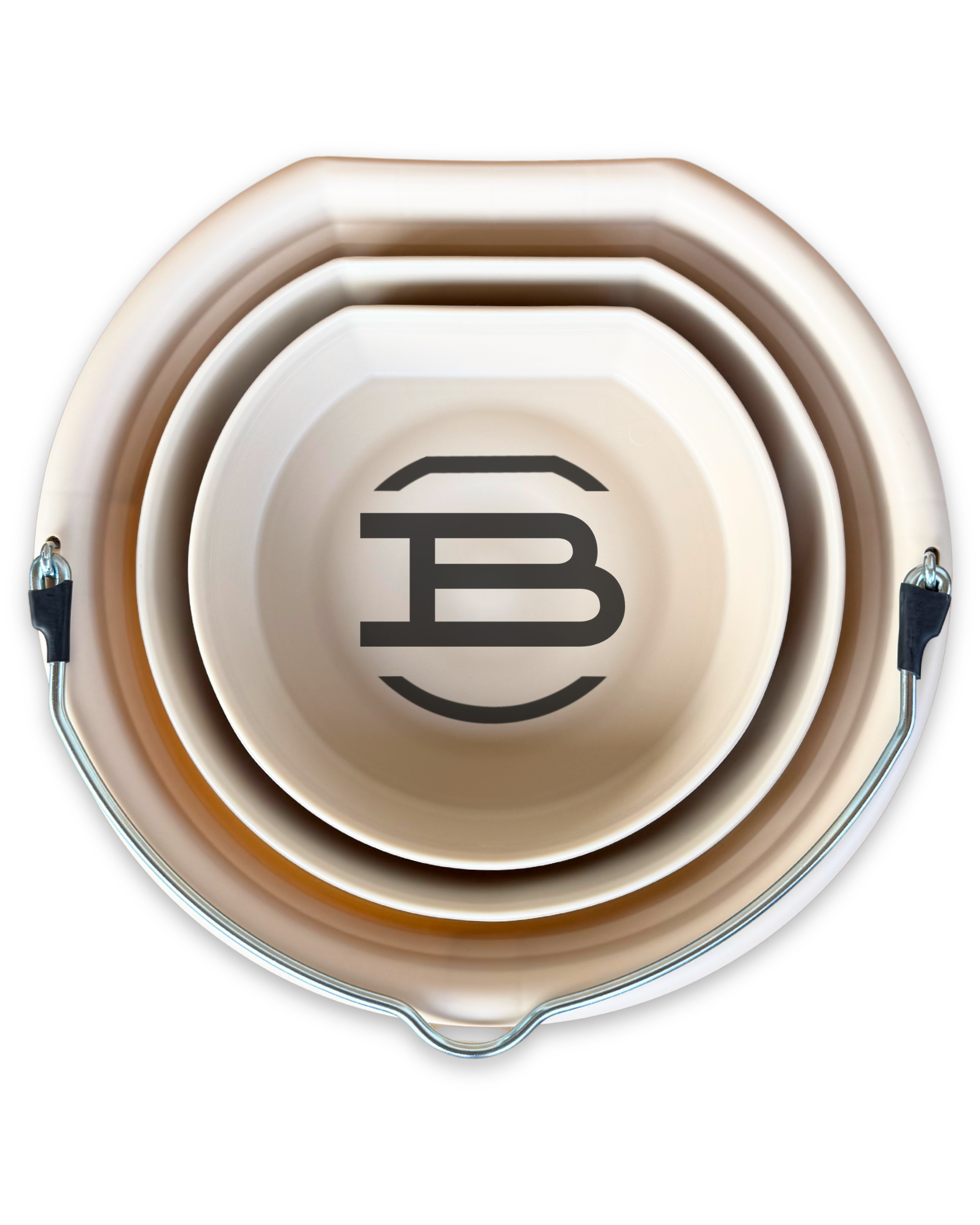 Sand-colored BOSS Bucket expanded, holding over five gallons of water or feed