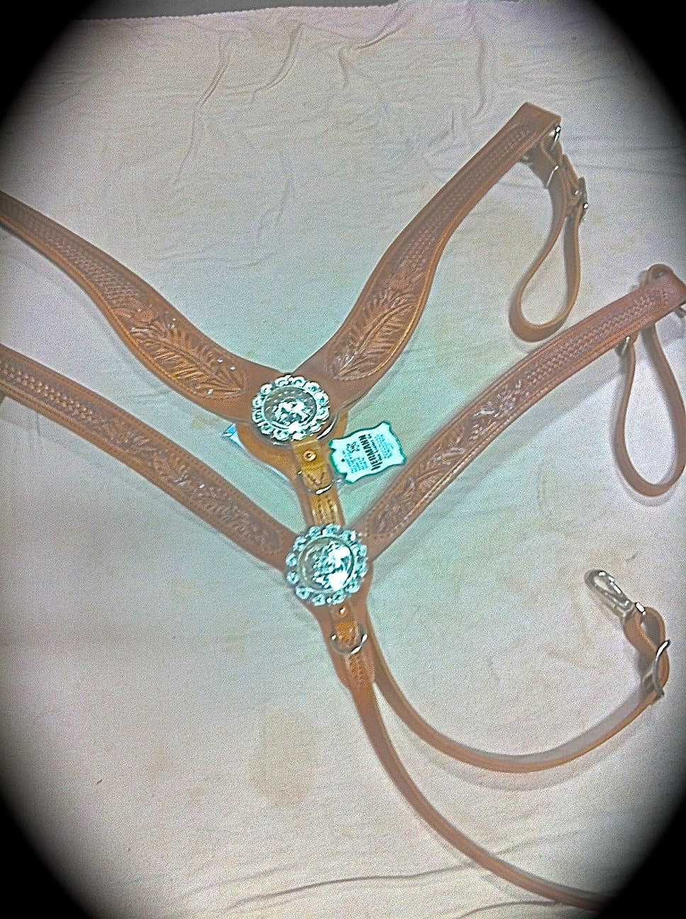 Buckaroo Leather A Concha Center hand-tooled western breast collar with conchas
