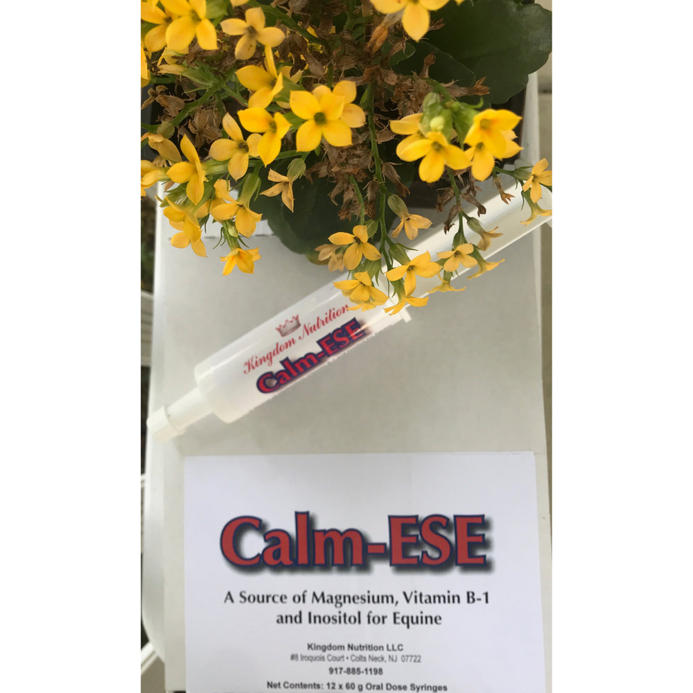 Calm-ESE oral paste syringe by Kingdom Nutrition Company shown beside its box and yellow spring flowers