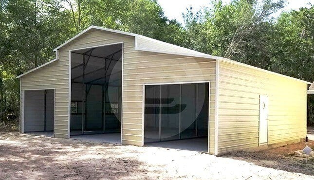 Carport Central American-made metal horse barns lineup on a rural property