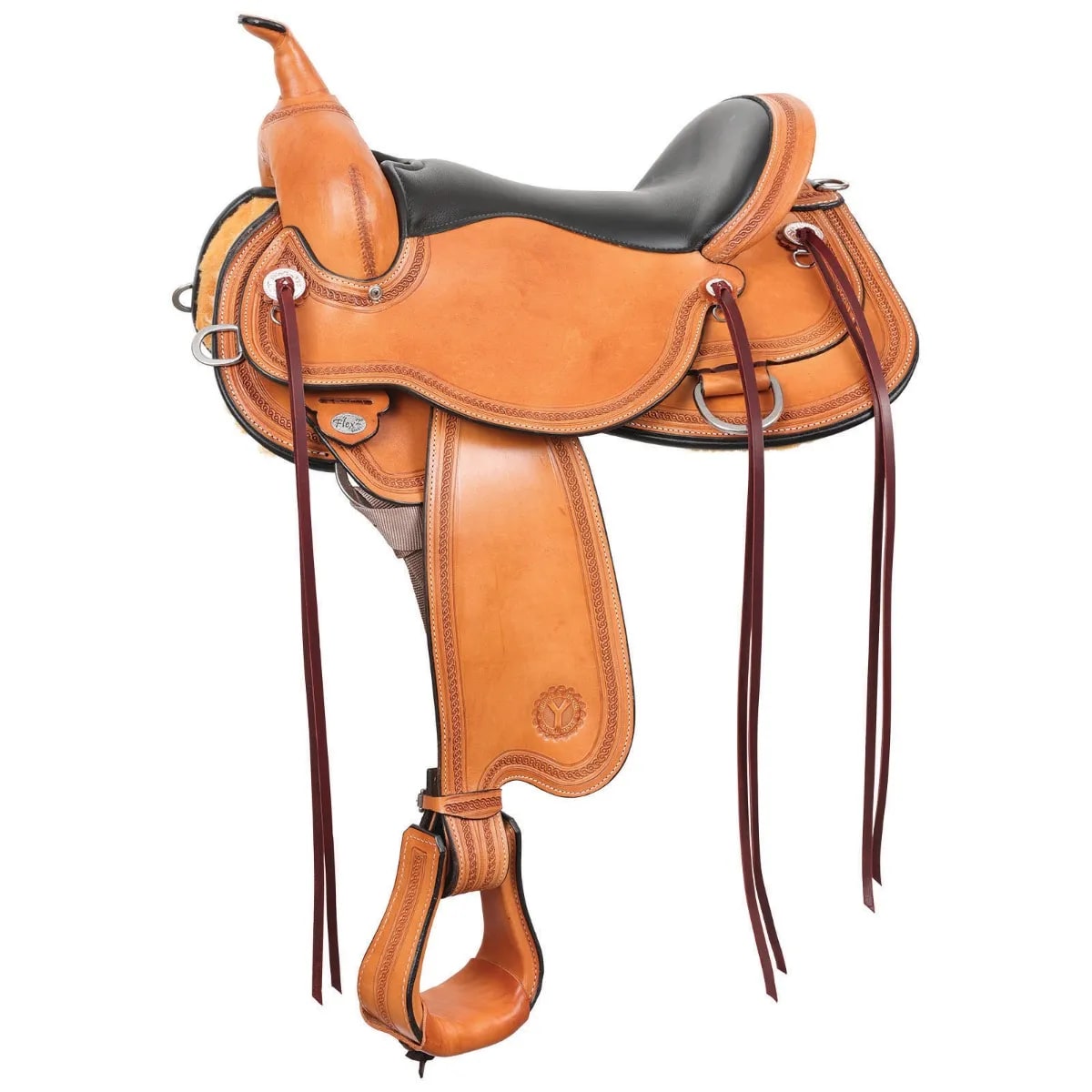 Circle Y Pioneer Flex2 trail saddle with tooled leather and black cushioned seat