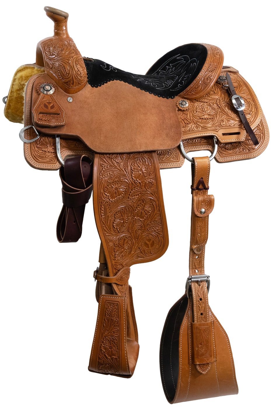 Circle Y PRCA Calf Roper saddle with floral-tooled leather, handcrafted in Yoakum, Texas
