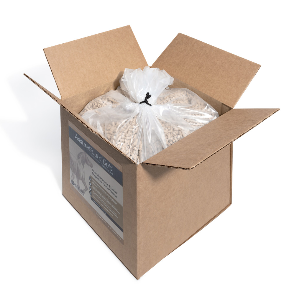 Open Assure Guard Gold shipping box with sealed bag of digestive pellets ready for daily feeding