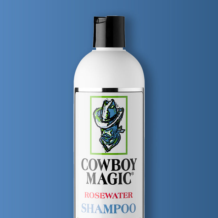 Cowboy Magic Rosewater Shampoo bottle, a gentle deep-cleaning formula with silk conditioners for horse coats