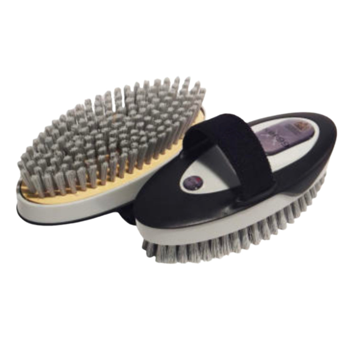 KBF99 body brush shown from two angles with dense antimicrobial bristles and a hand strap