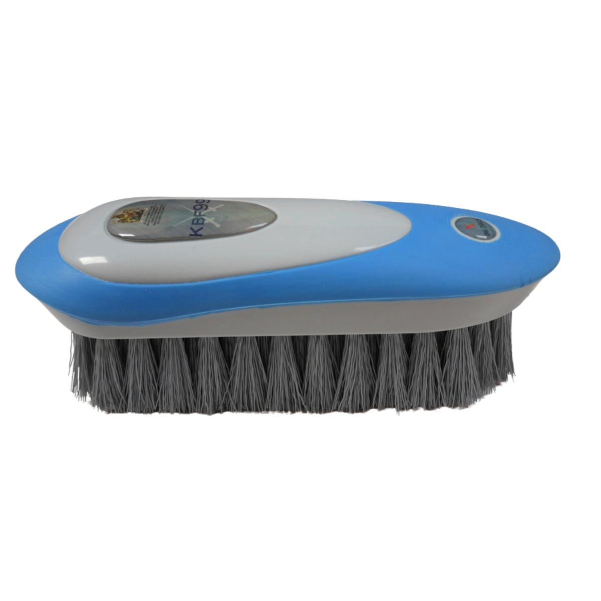 Blue KBF99 dandy brush with ergonomic grip and antimicrobial gray bristles for everyday horse grooming