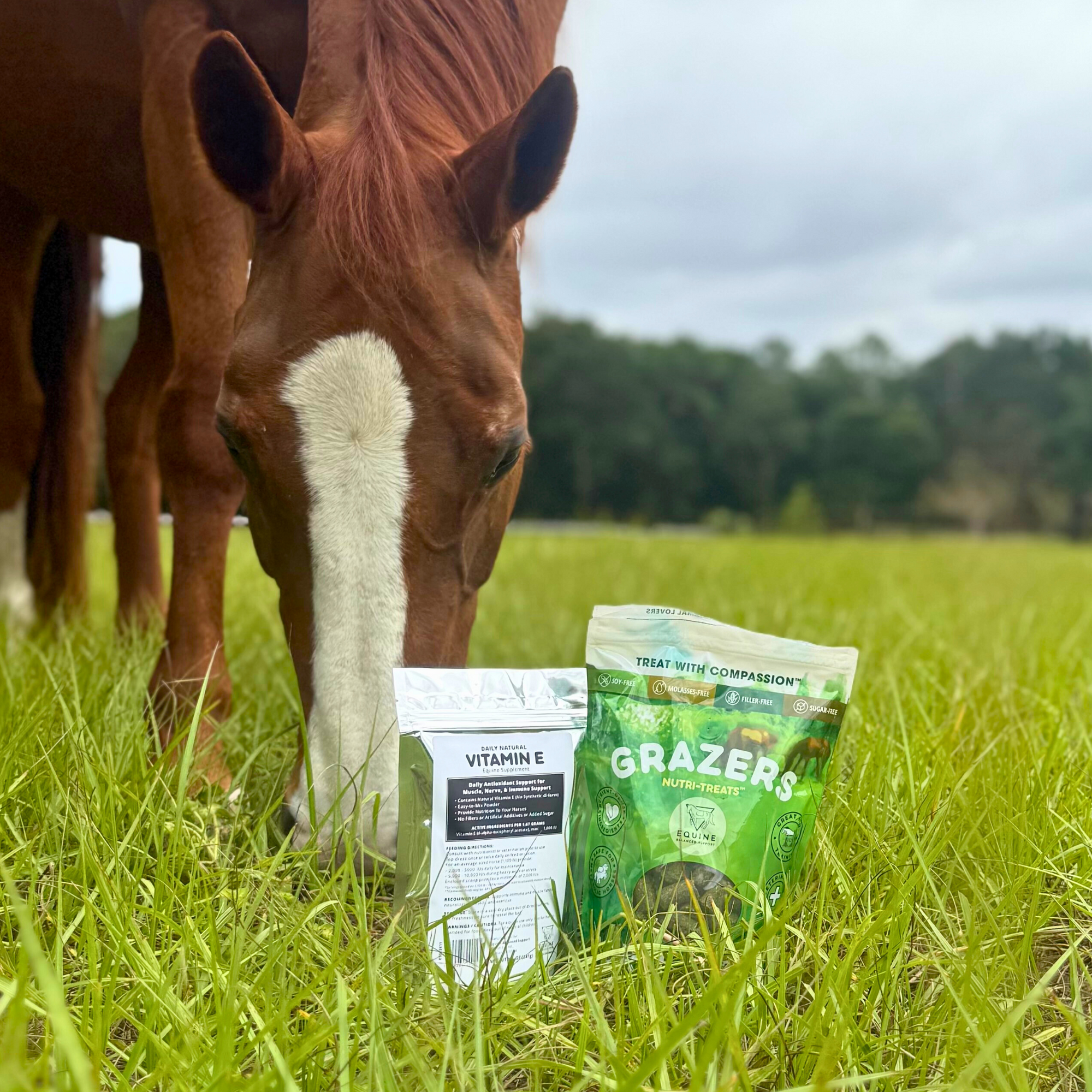 A chestnut horse grazing in a green field beside a pouch of Daily, Natural Vitamin E equine supplement