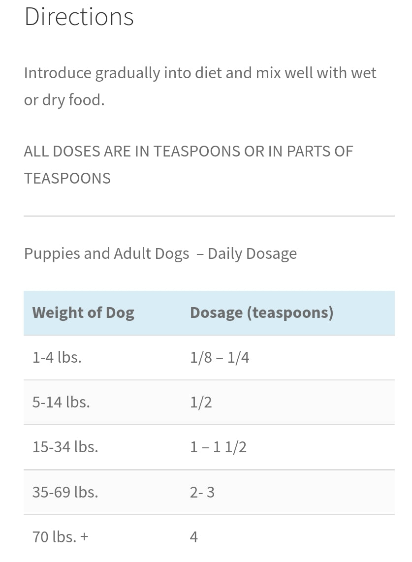 Dog Bloom VM Supreme supplement label and feeding directions detail