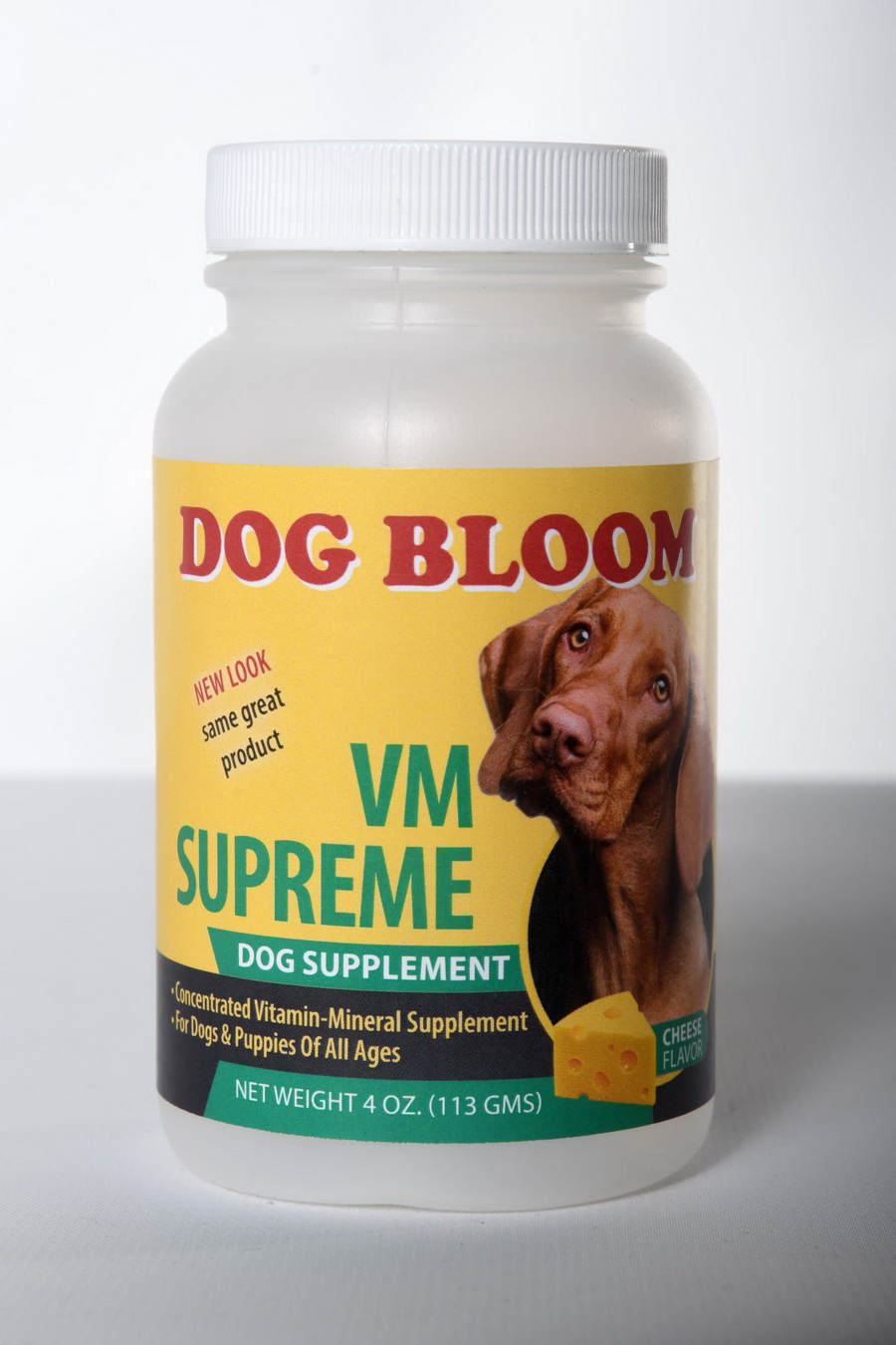 Dog Bloom VM Supreme vitamin-mineral powder supplement container by Bloom Products LLC