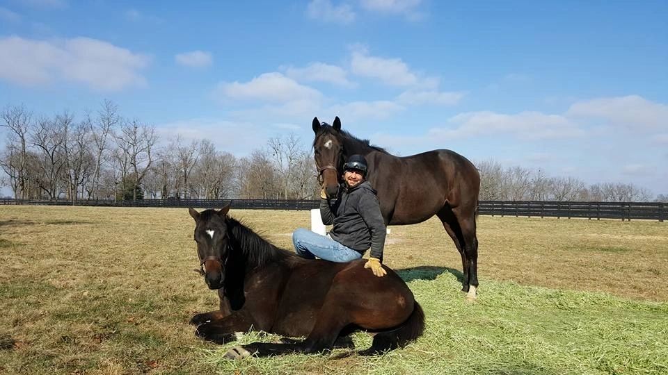 Toby Richard relaxing in the pasture with two gentled Thoroughbreds at Dream Makers