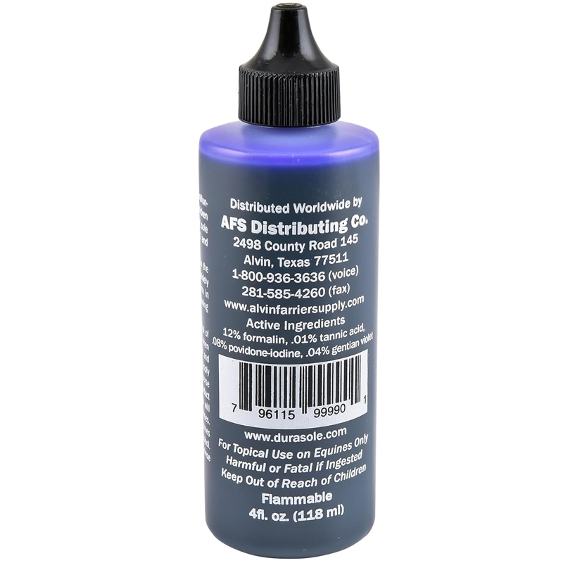 Durasole sole hardener bottle showing the active ingredients label and Alvin, Texas distributor details