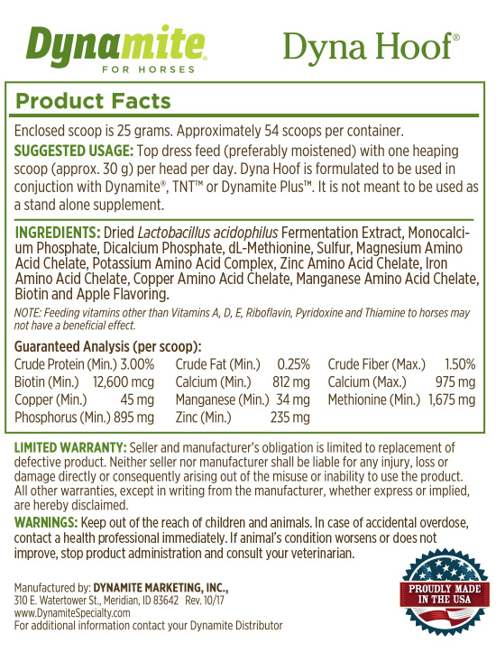 Dyna Hoof supplement facts panel showing chelated zinc biotin and methionine