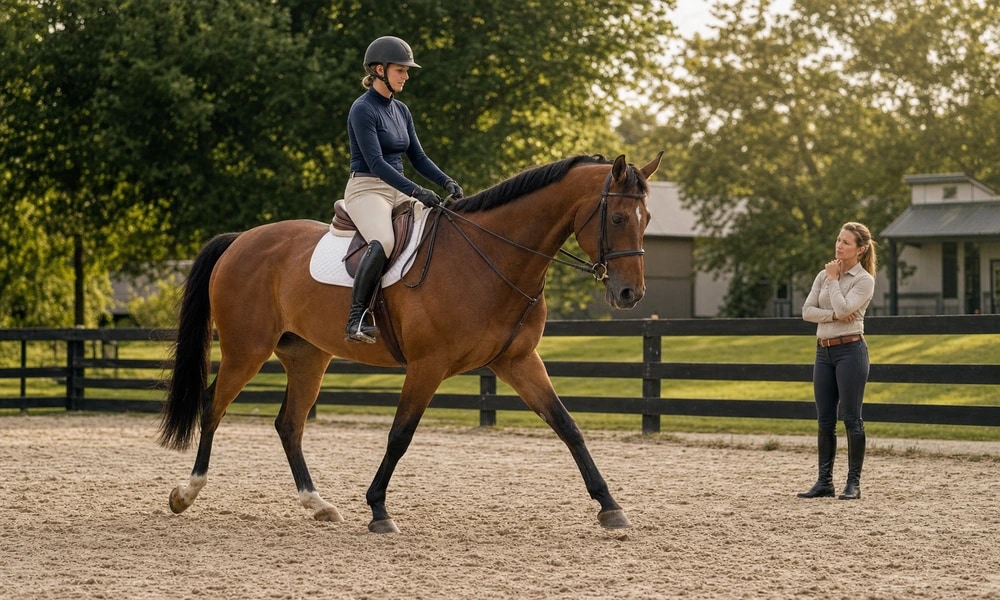 A trainer watches an adult amateur rider try a bay English horse in an outdoor arena.