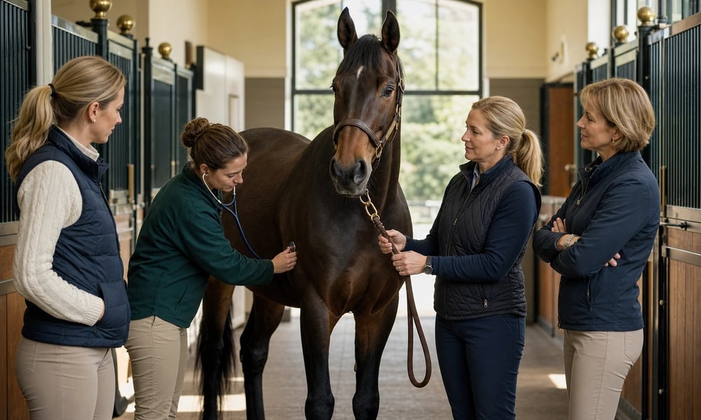 An equine veterinarian examines a sport horse while the prospective buyer and trainer observe.