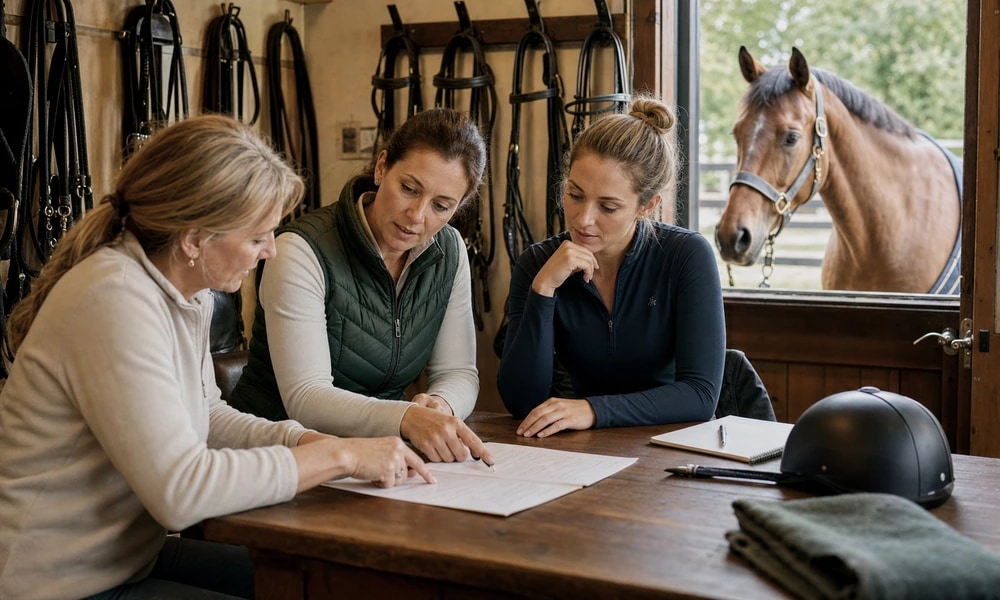 A rider, trainer, and horse owner review lease paperwork together in a tack room while the horse waits nearby.