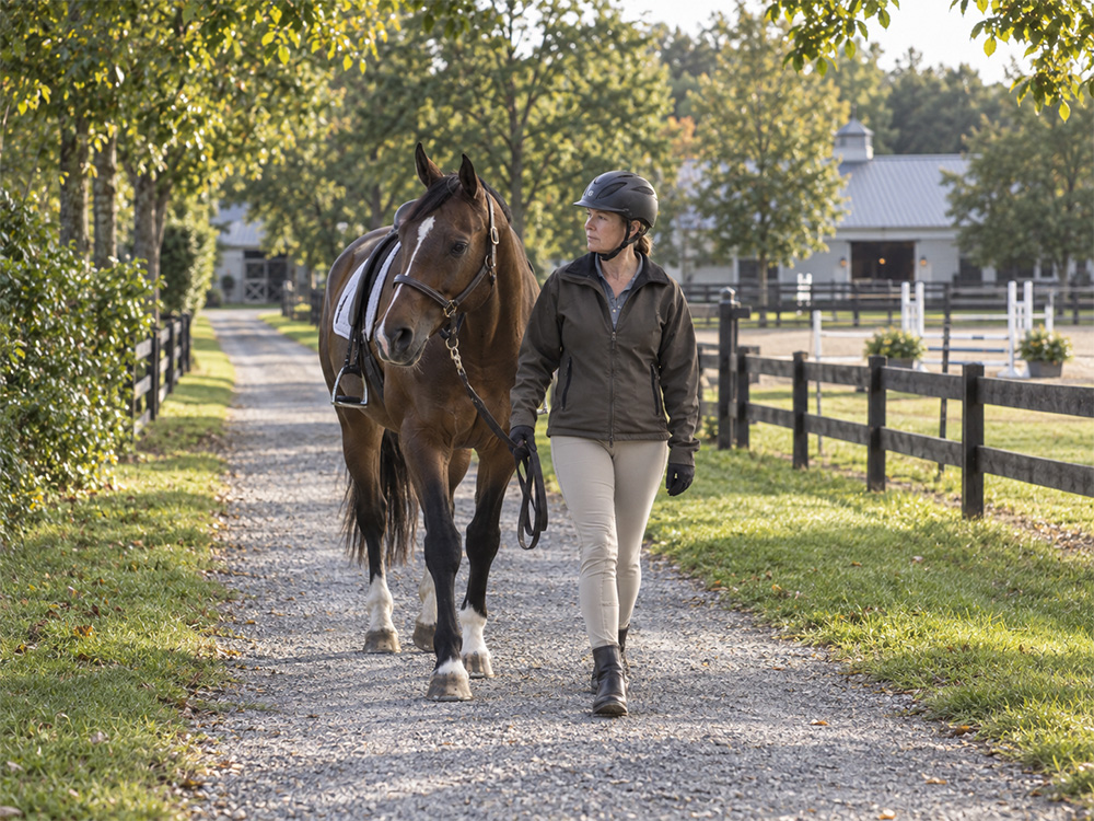 Walking the horse before riding.