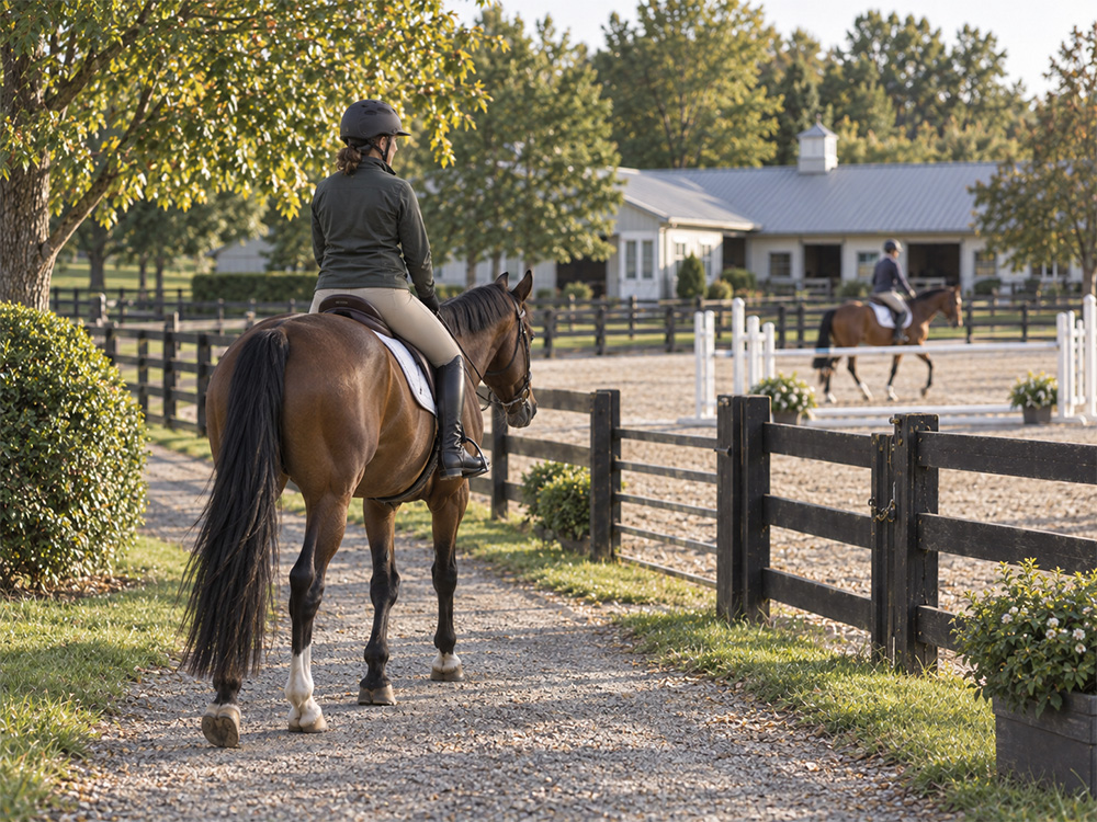 Walking outside the arena is a good way to warm up the horse.