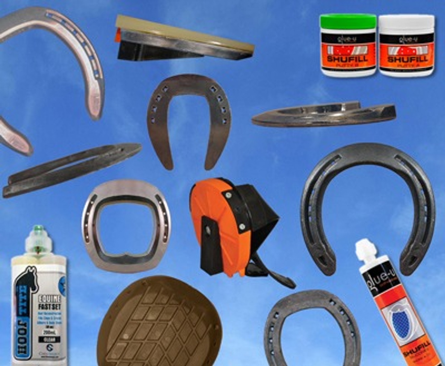 A spread of EDSS hoof-care hardware including therapeutic horseshoes, wedge rails, pads, frog supports and adhesives arranged on a blue background