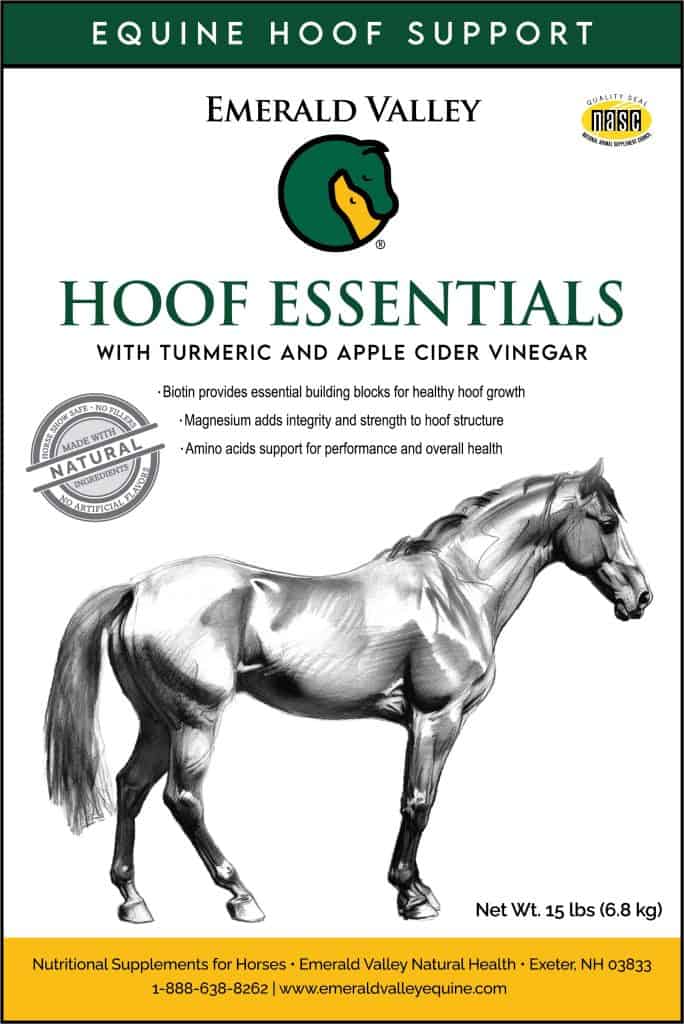 Hoof Essentials horse hoof supplement front label showing ingredients from Emerald Valley Equine