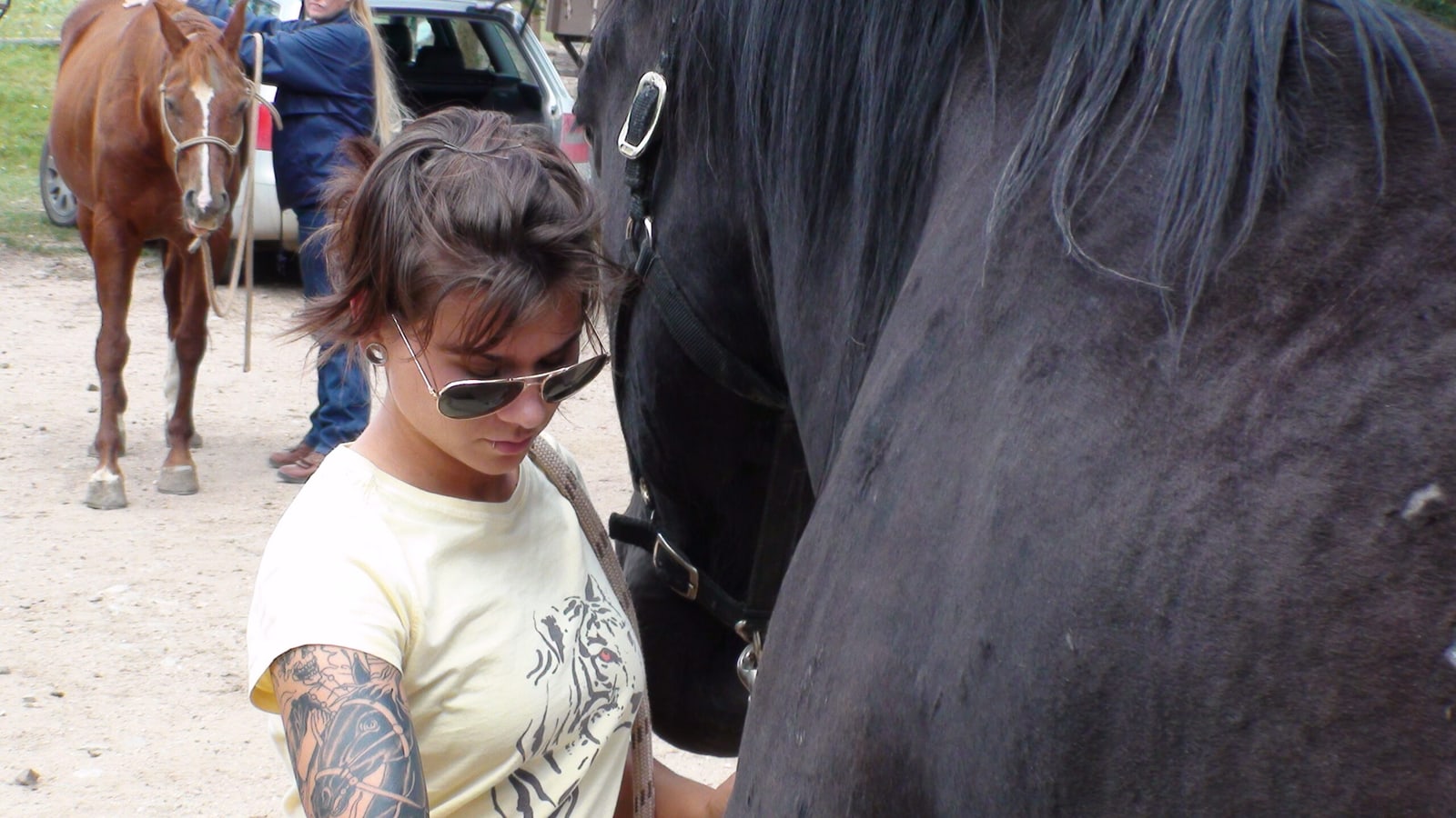 Smiling Equine Align Academy student standing alongside a dark horse after completing a bodywork session