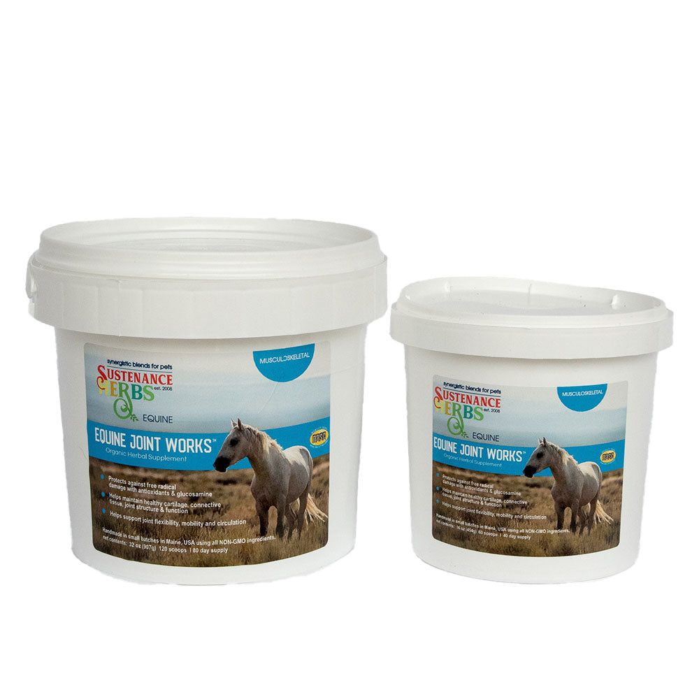 Both the one-pound and two-pound sizes of Equine Joint Works organic herbal joint supplement side by side