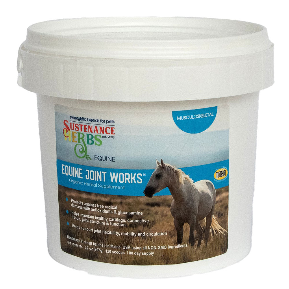 Equine Joint Works organic herbal supplement tub showing the musculoskeletal label and 120-scoop net contents