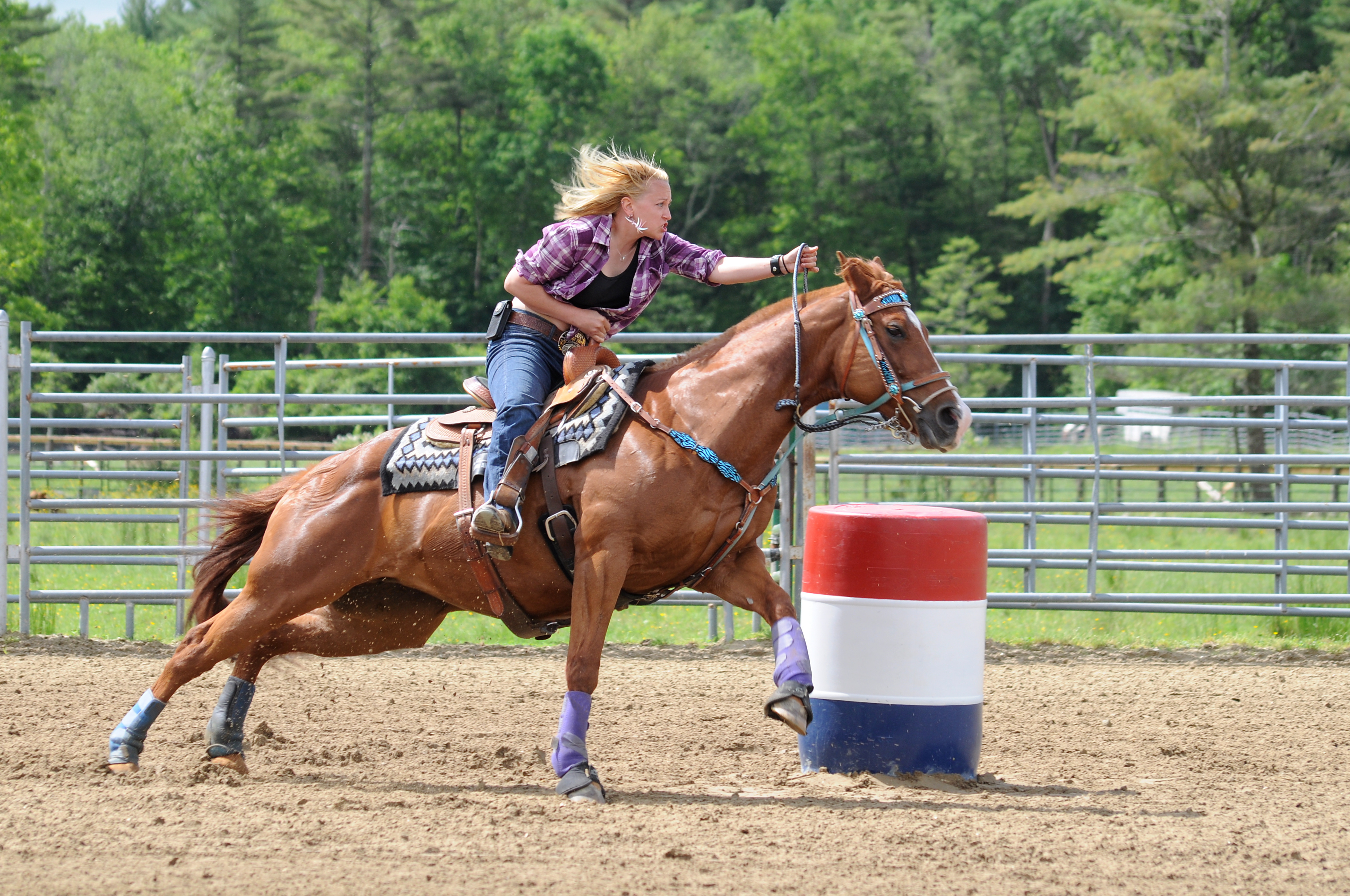 A barrel racing horse rounding a barrel at speed, a western performance use case for EquiPride nutrition