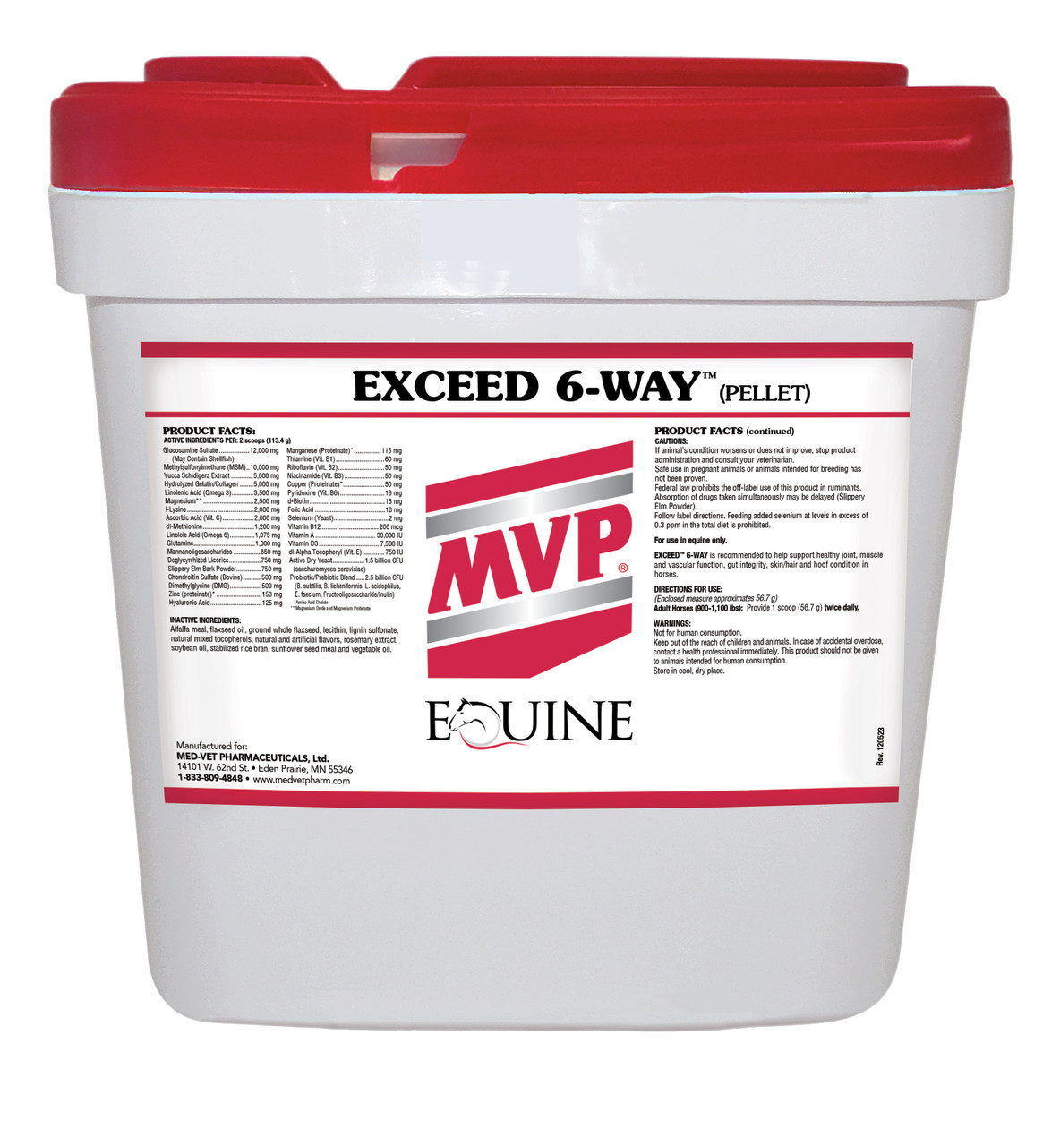 Exceed 6-Way pelleted horse supplement tub by MVP showing the full product facts panel and the MVP Equine emblem