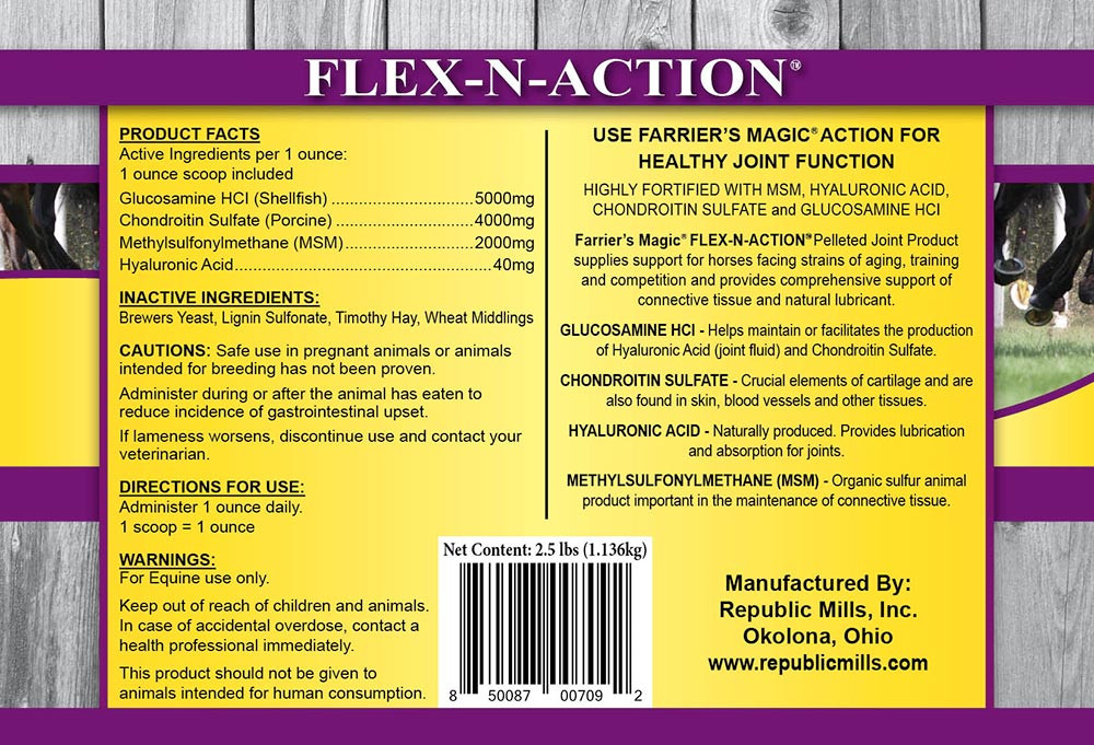 Farrier's Magic Flex-N-Action horse joint supplement label and feeding directions