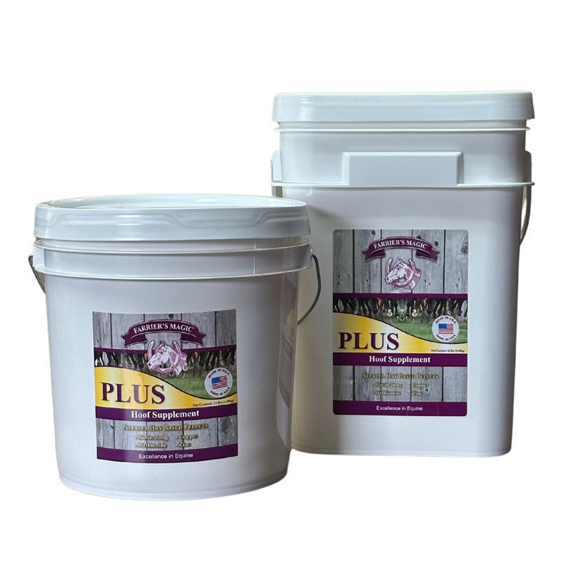 Farrier's Magic Plus hoof supplement bucket of biotin alfalfa pellets for horses