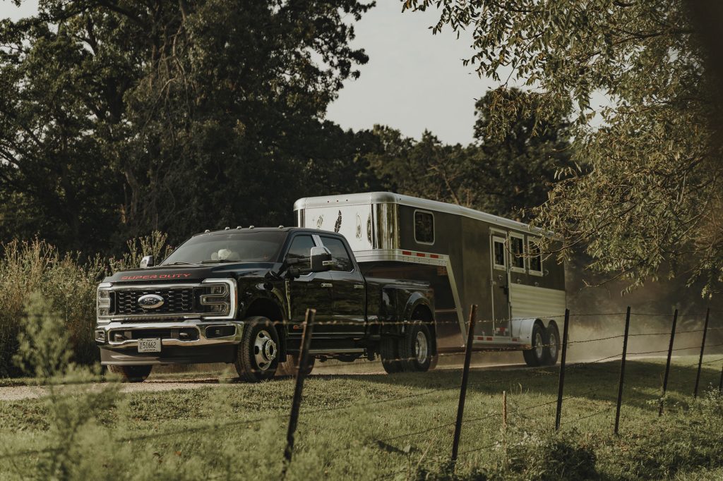 Featherlite 9600 gooseneck slant load horse trailer on the road
