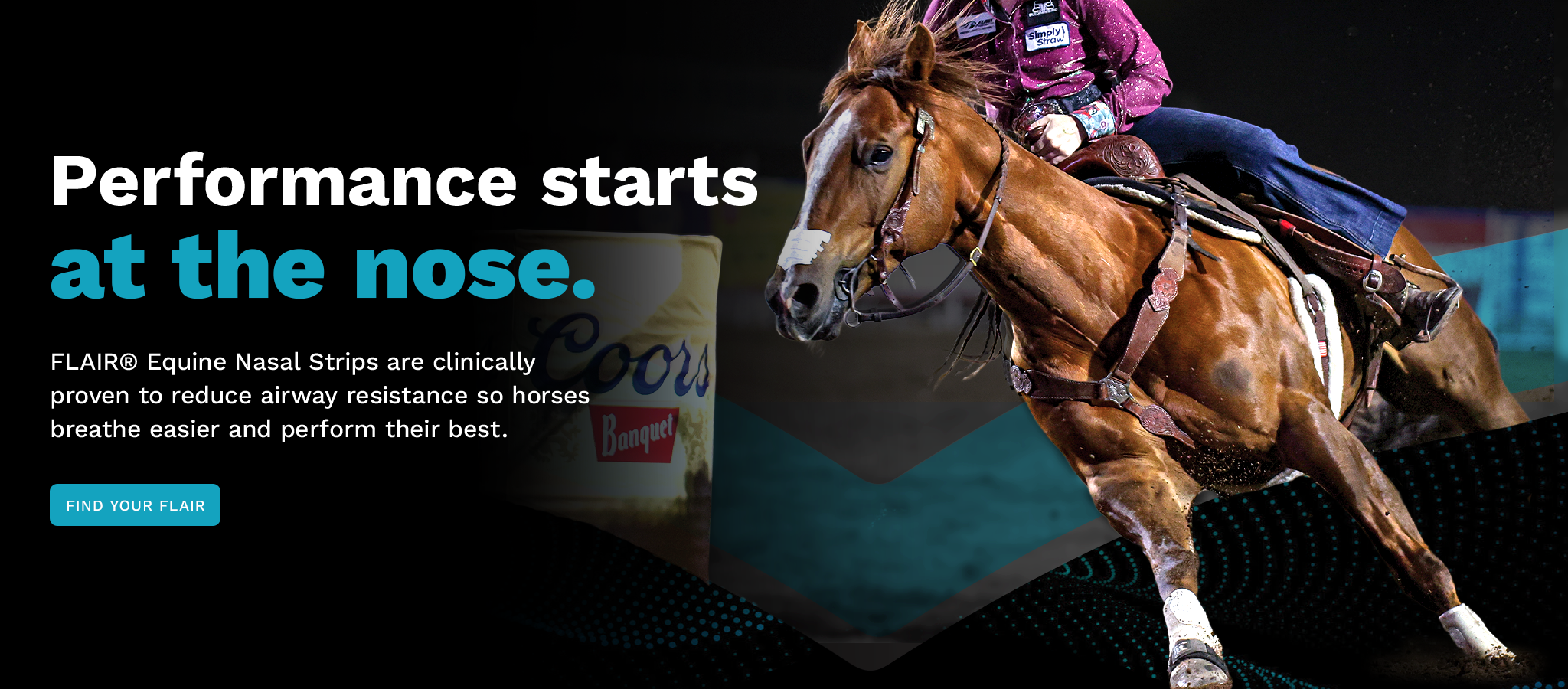 Barrel racing horse wearing FLAIR equine nasal strip rounding a barrel