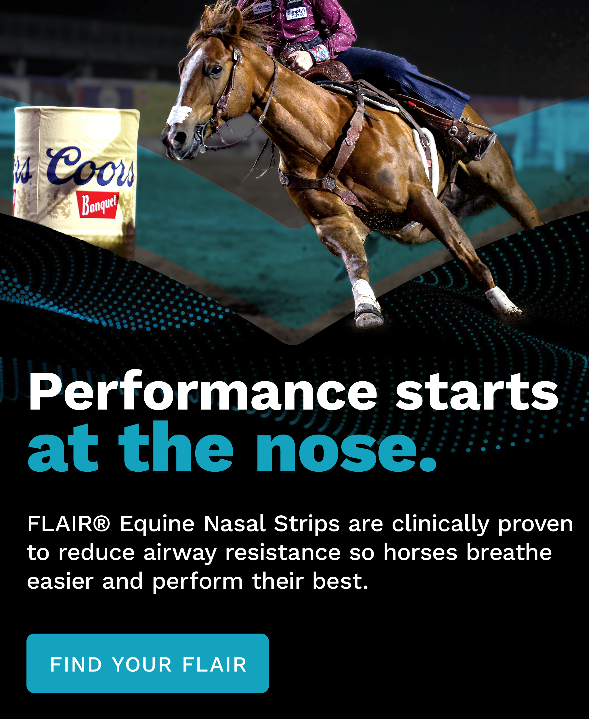 Barrel racing horse running with a FLAIR Equine Nasal Strip applied