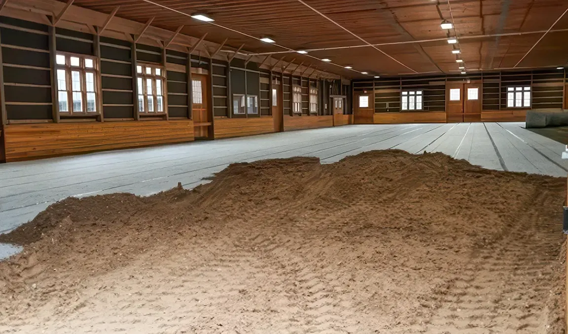 FootingFirst EBUS cushion mat rolls being installed beneath arena footing