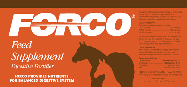 FORCO Feed Supplement Digestive Fortifier label with ingredients and feeding directions