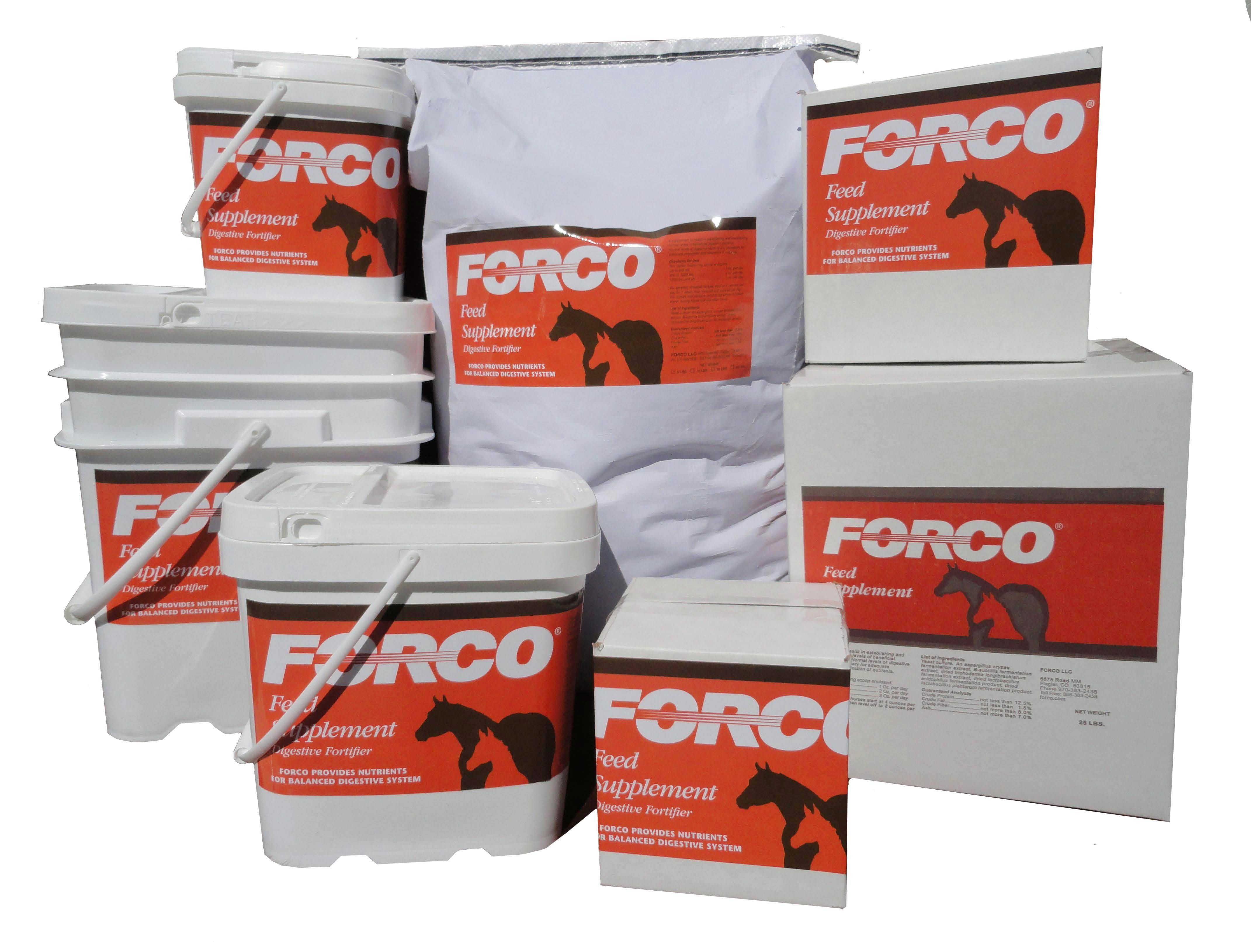 Full lineup of FORCO Feed Supplement Digestive Fortifier pails, bags and boxes