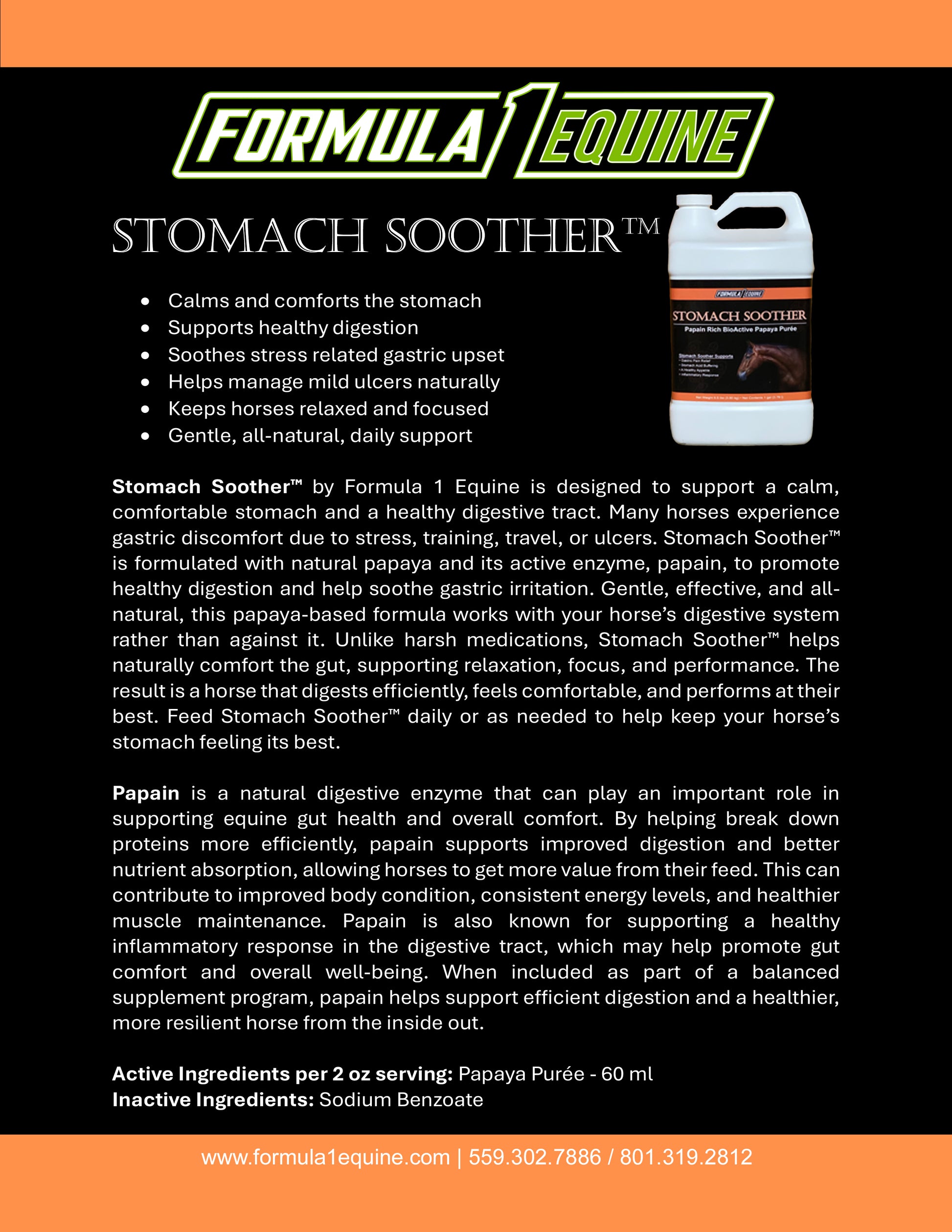 Formula 1 Equine Stomach Soother product sheet with papaya benefits and feeding directions