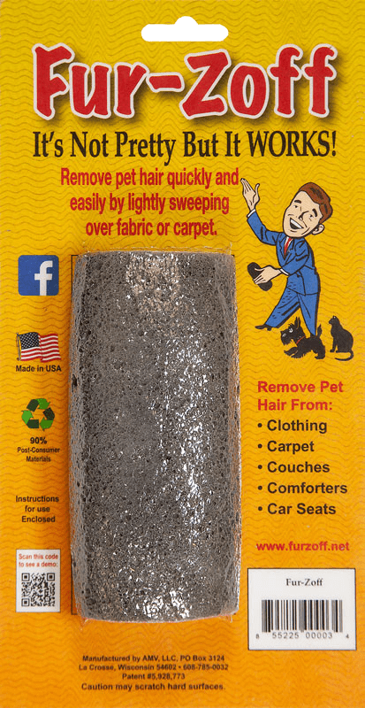FurzOff pet hair remover by AMV, LLC, grey recycled-glass stone in retail packaging