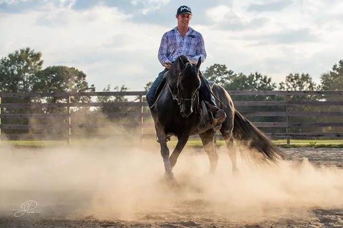 Michael Gascon schooling a dark horse at liberty in a dusty round pen, demonstrating his halter-based training method