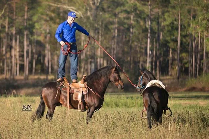 Michael Gascon standing upright on the back of one horse while leading a second at liberty in an open field, showing advanced trust and control