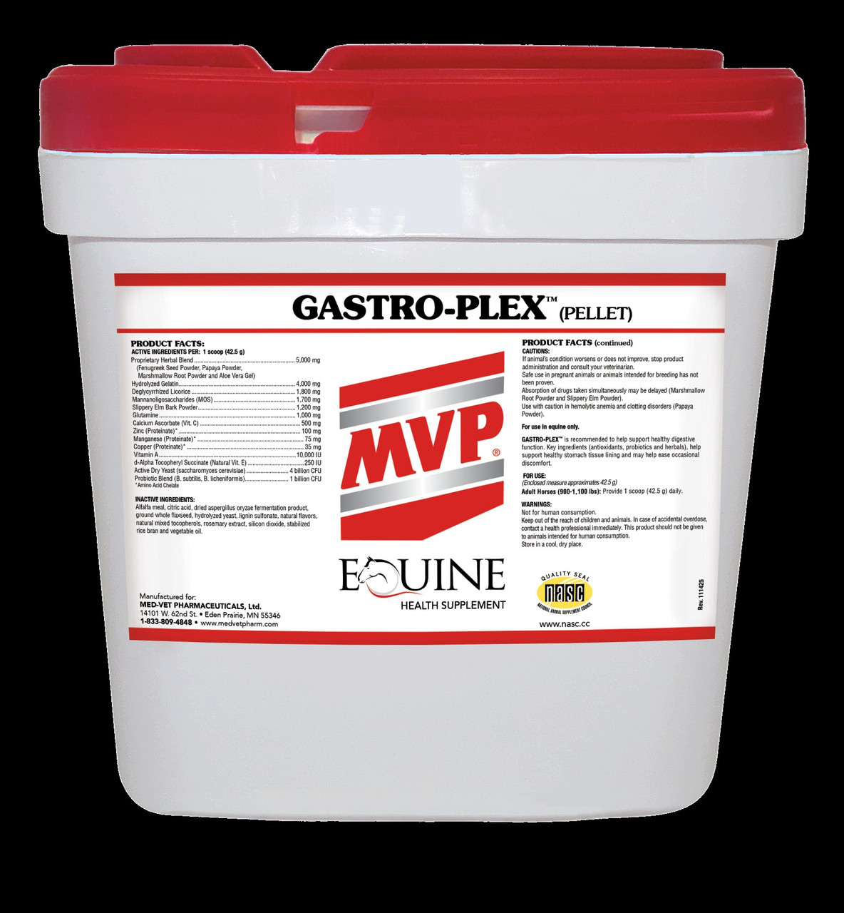 GASTRO-PLEX Pellet bucket by MVP showing the equine digestive supplement label and product facts