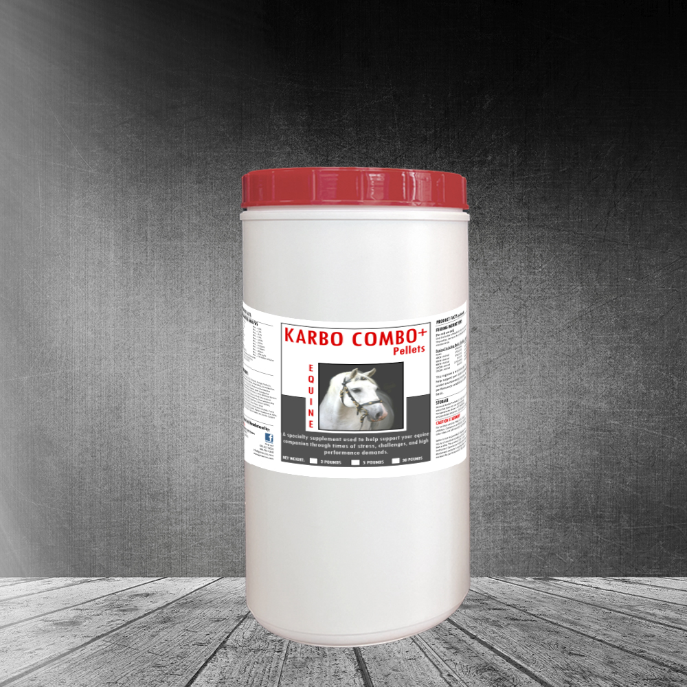 A five pound container of Karbo Combo+ supplement from Gomer's Inc. with its red lid and product label