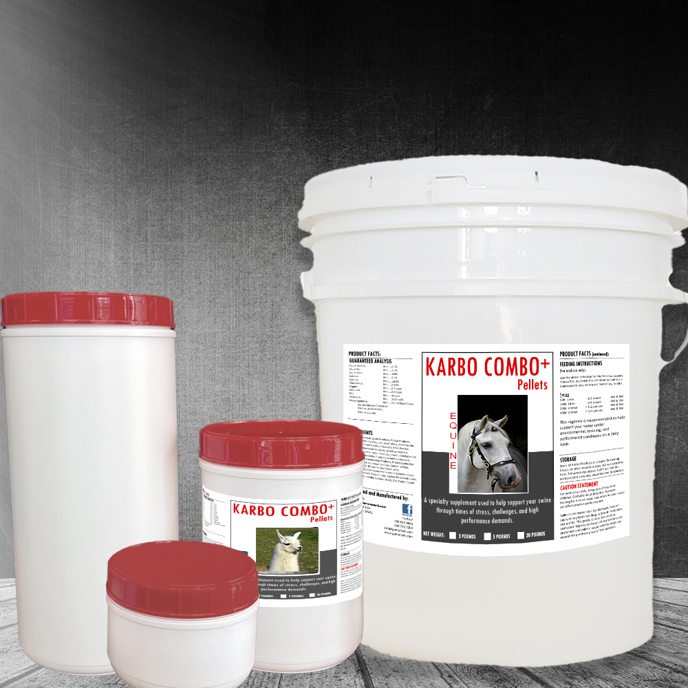 Karbo Combo+ Pellets containers in three sizes beside a thirty pound bucket with the equine label