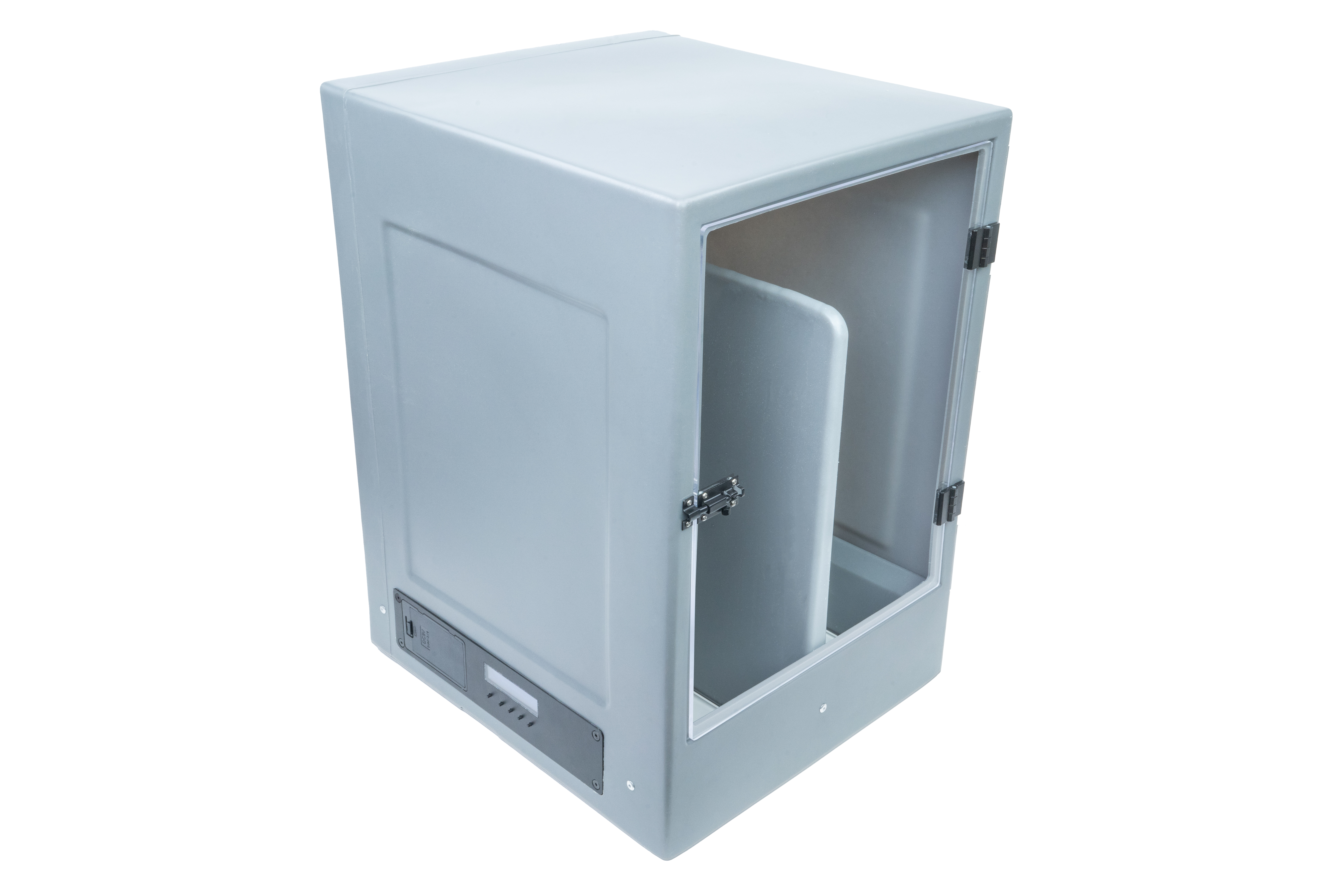 The HAYTIME automatic hay feeder with its front door open, showing the molded plastic hay bin