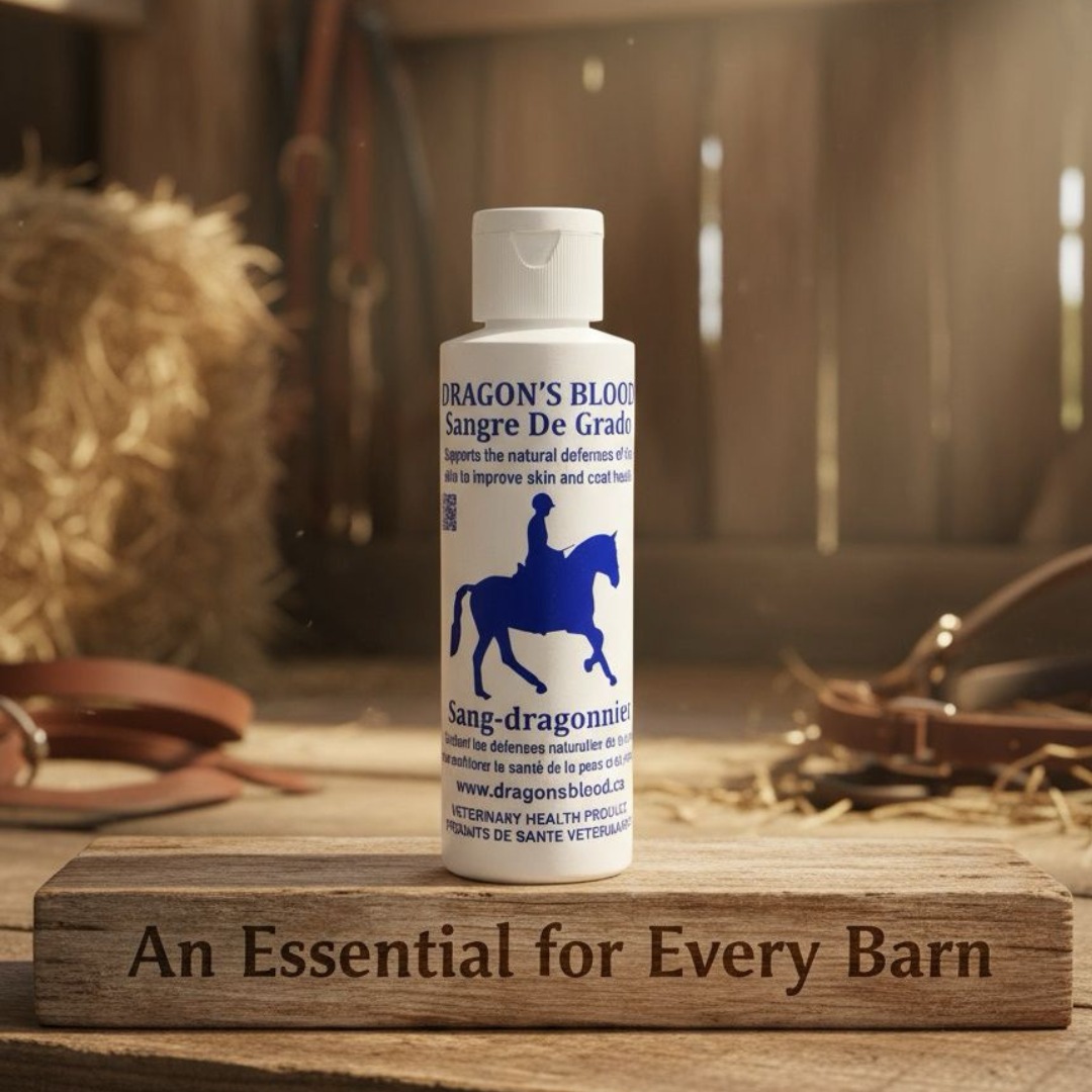 Bottle of Dragon’s Blood Sangre de Grado on a wooden board in a barn aisle with hay bales and tack, above the words An Essential for Every Barn