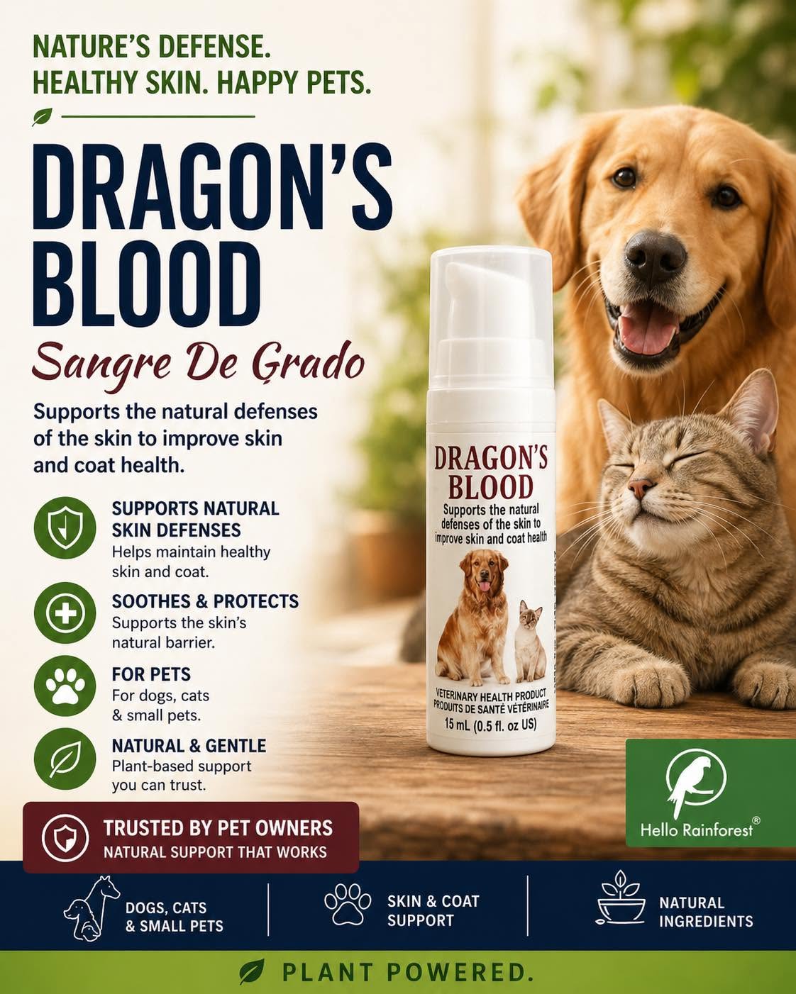 Golden retriever and tabby cat beside a 15 mL pump bottle of Dragon’s Blood Sangre de Grado for dogs, cats and small pets
